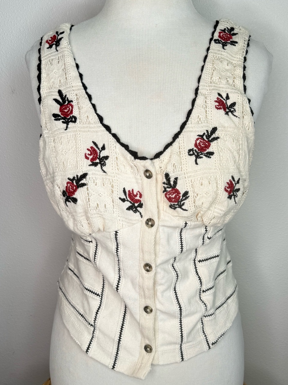 Free People Corset Top Tank Rose Bud Knit Floral Embroidery Crochet Accents Boho